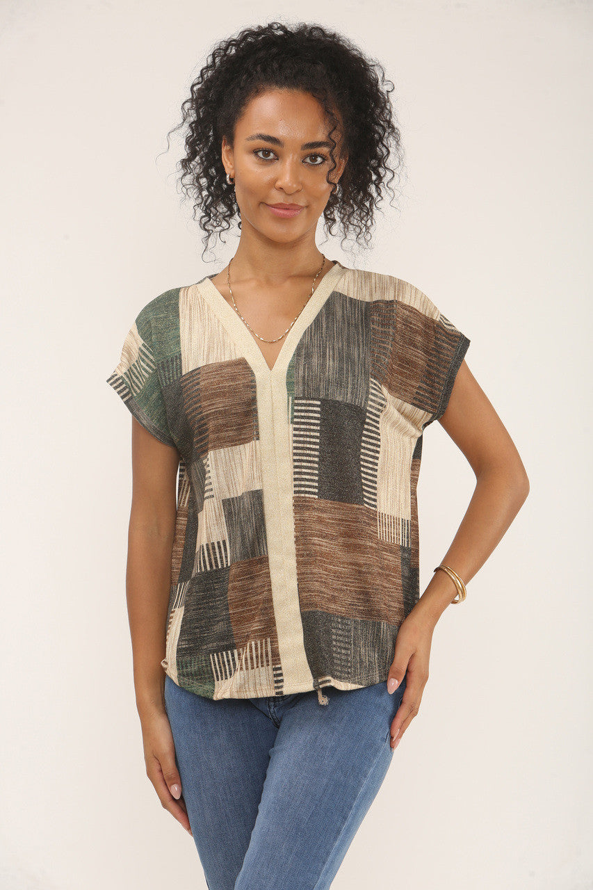 PATCHWORK LUREX PRINT TOP - GREEN/BLACK MIX