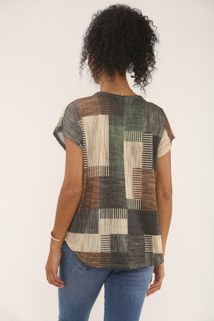 PATCHWORK LUREX PRINT TOP - GREEN/BLACK MIX