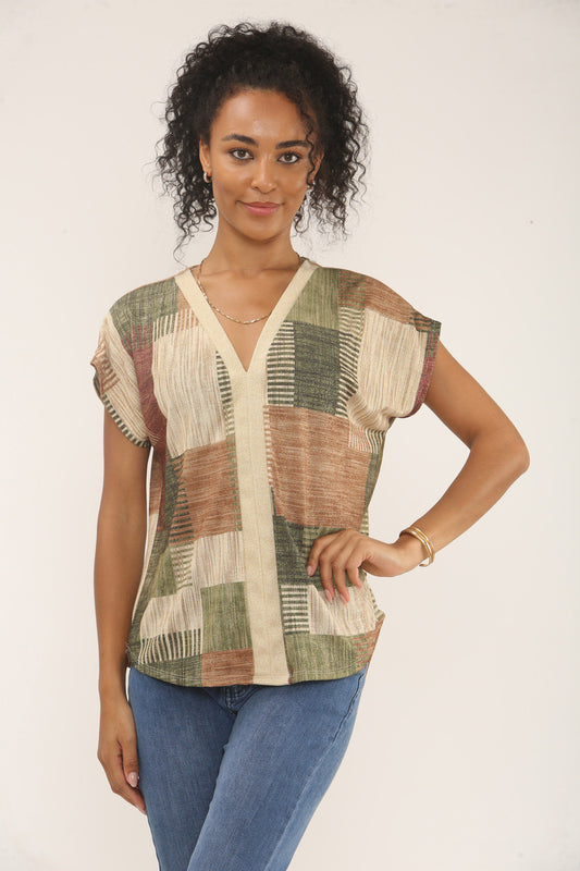 PATCHWORK LUREX PRINT TOP - GREEN/BROWN MIX
