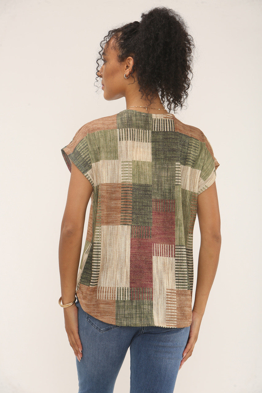 PATCHWORK LUREX PRINT TOP - GROEN/BRUINE MIX
