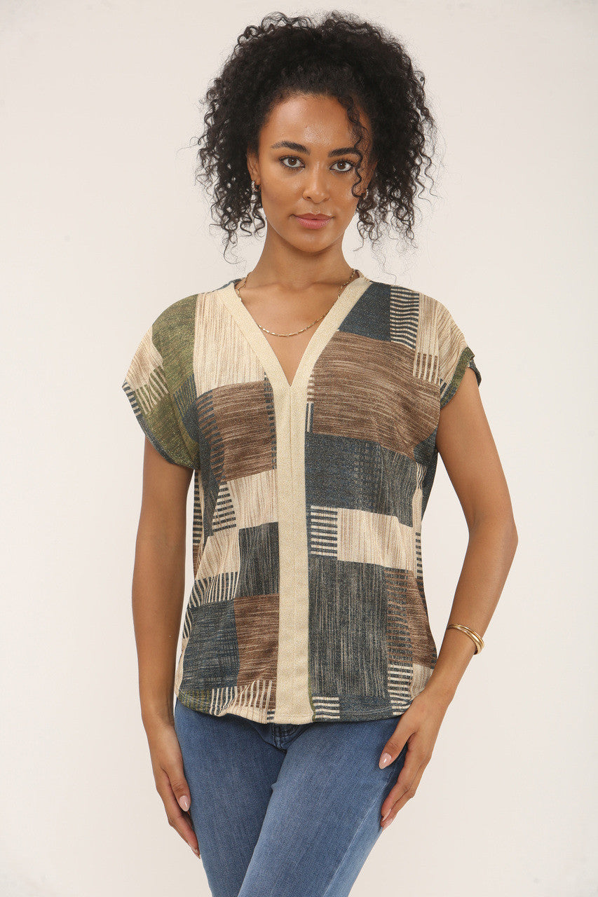 TOP MET LUREX PATCHWORK PRINT - BLAUW/BRUIN/GROEN MIX