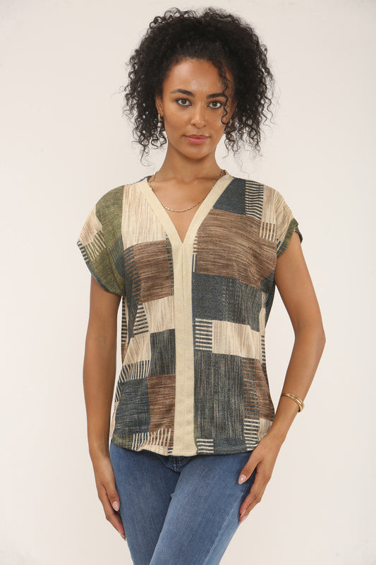 PATCHWORK LUREX PRINT TOP - BLUE/BROWN/GREEN MIX