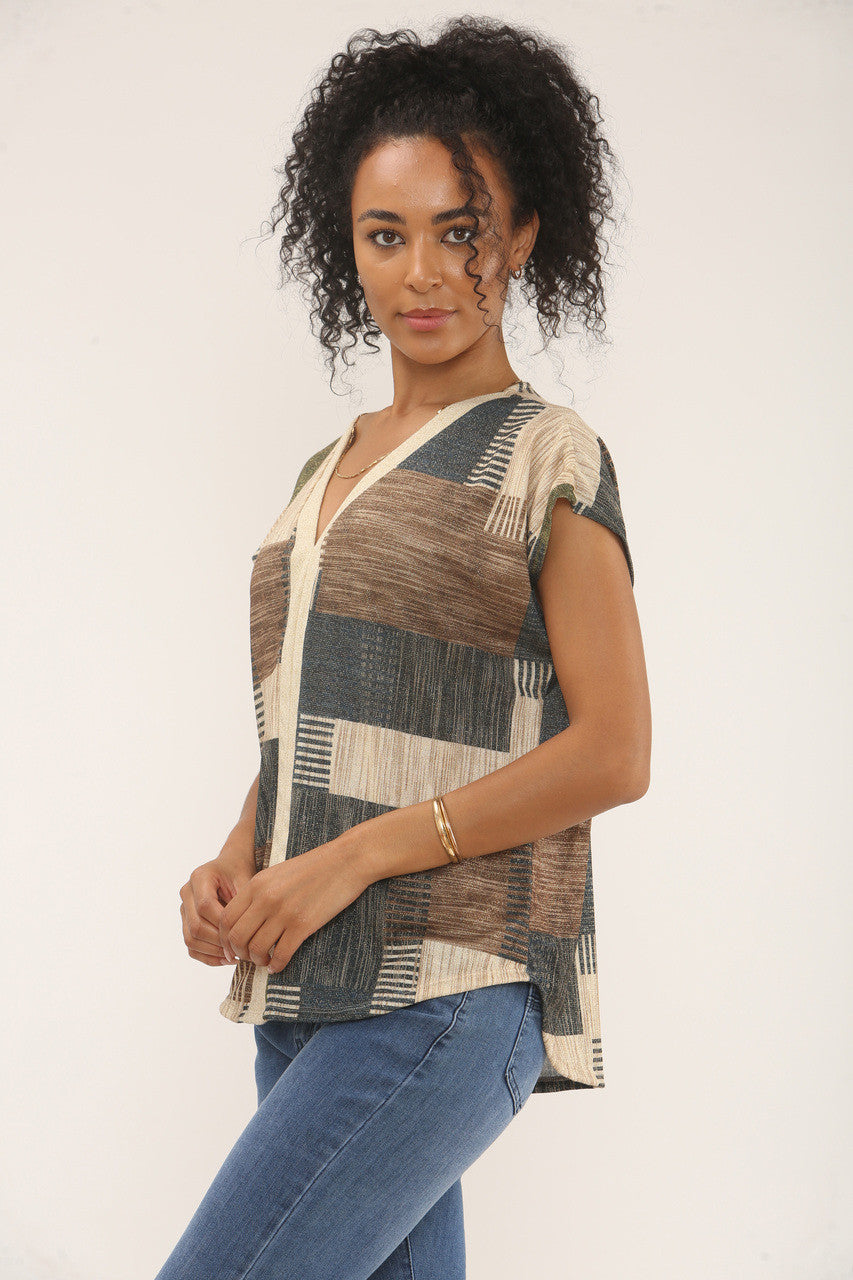TOP MET LUREX PATCHWORK PRINT - BLAUW/BRUIN/GROEN MIX