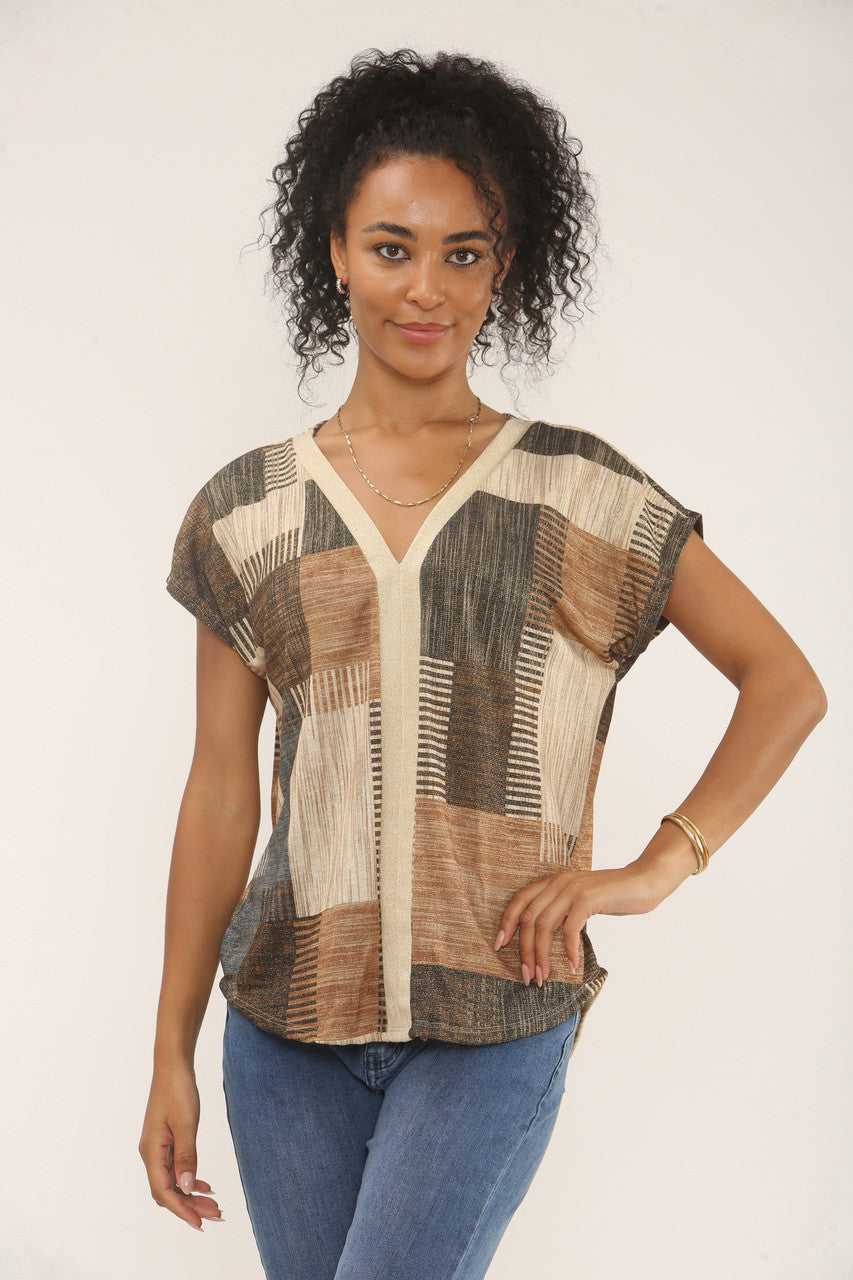 PATCHWORK LUREX PRINT TOP- BLAUW/BRUIN MIX