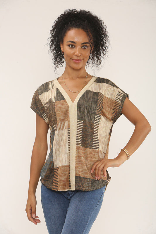 PATCHWORK LUREX PRINT TOP- BLUE/BROWN MIX