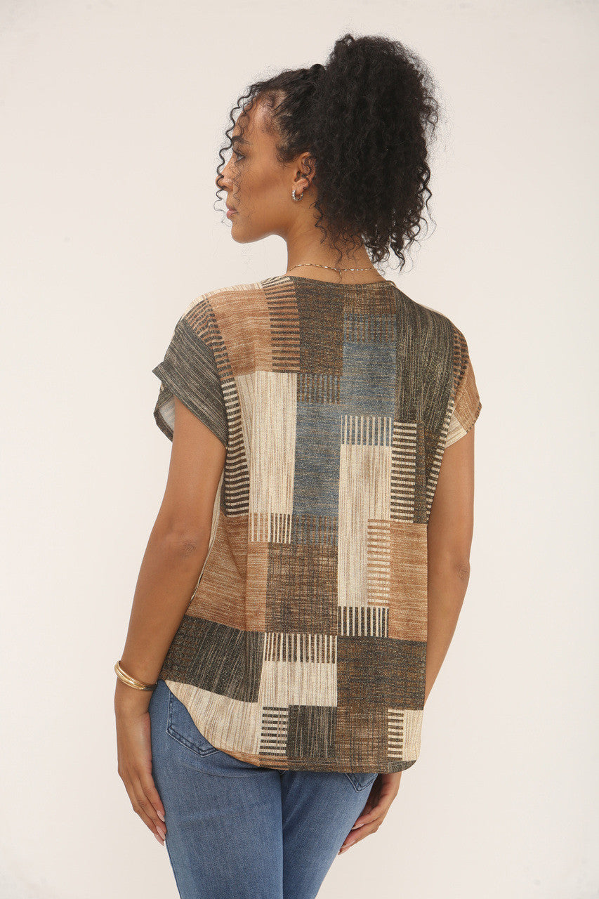 PATCHWORK LUREX PRINT TOP- BLAUW/BRUIN MIX
