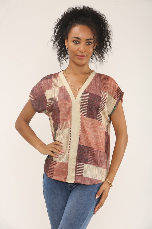 PATCHWORK LUREX PRINT TOP - PINK/BEIGE MIX