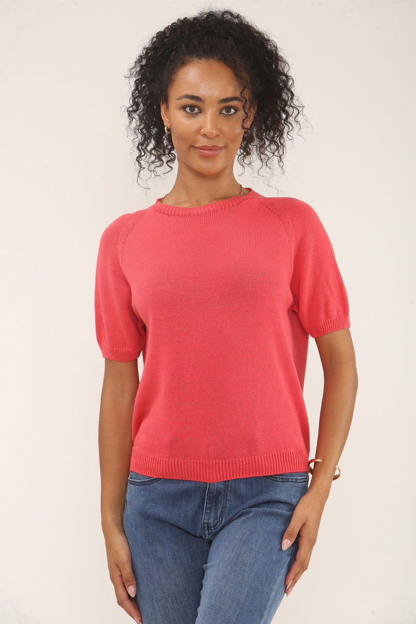 RONDE HALS ZACHTGEBREIDE TOP - HOT CORAL