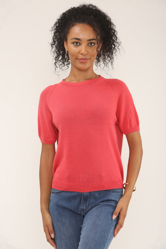 RONDE HALS ZACHTGEBREIDE TOP - HOT CORAL