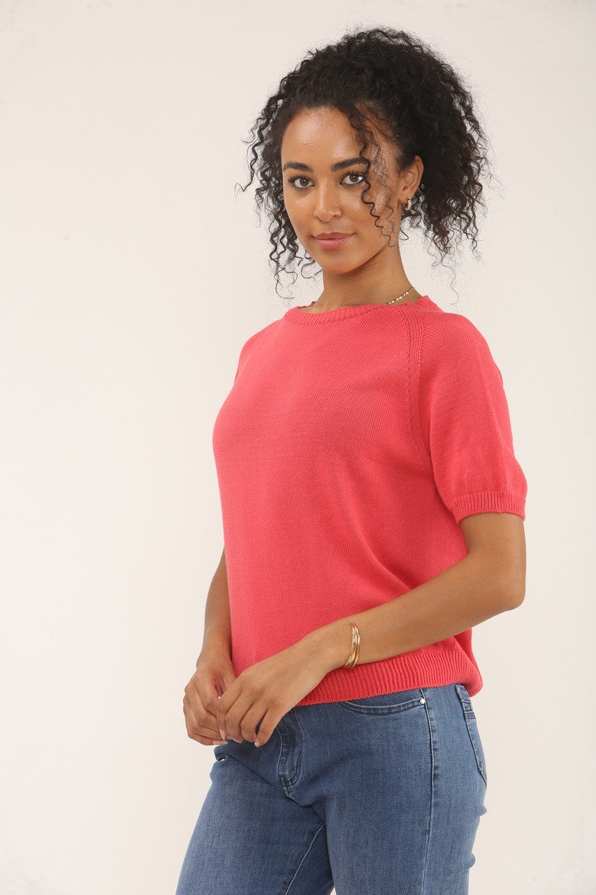 RONDE HALS ZACHTGEBREIDE TOP - HOT CORAL