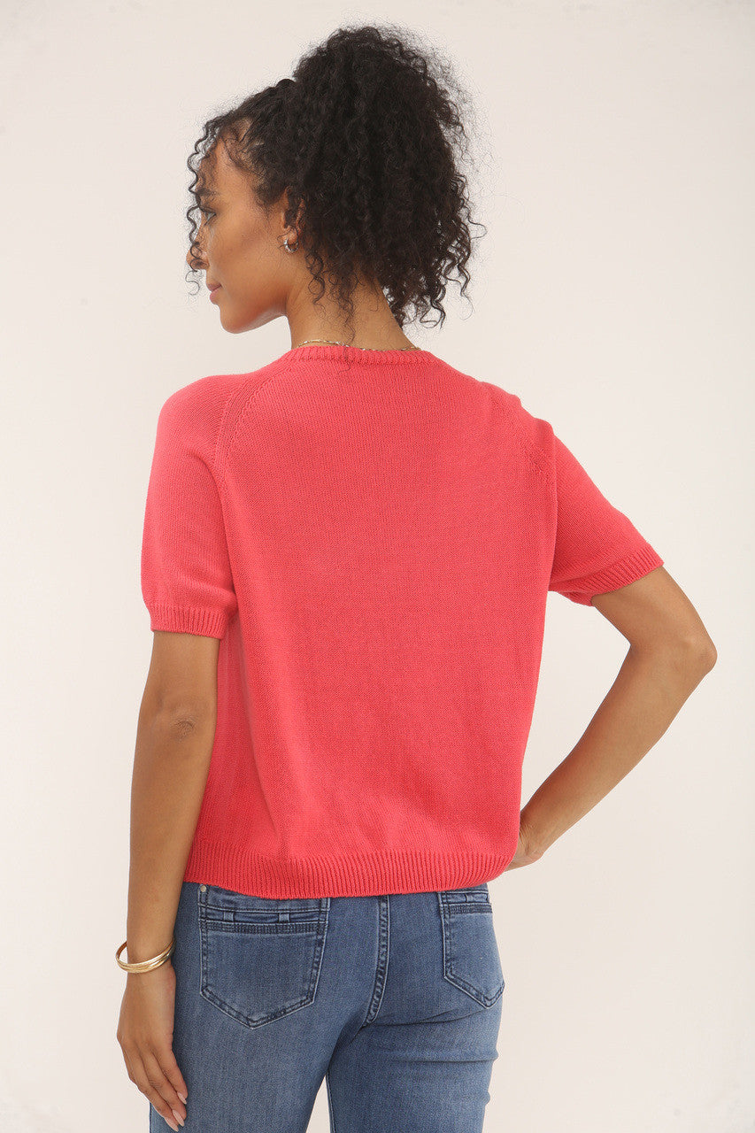 RONDE HALS ZACHTGEBREIDE TOP - HOT CORAL