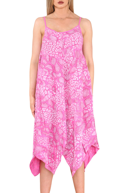 Ladies Animal Mix Print Strappy Dress Cerise