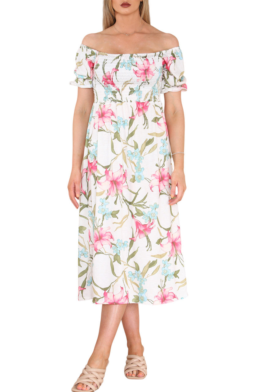 SHIRRED LILY FLORAL PRINT DRESS WHITE