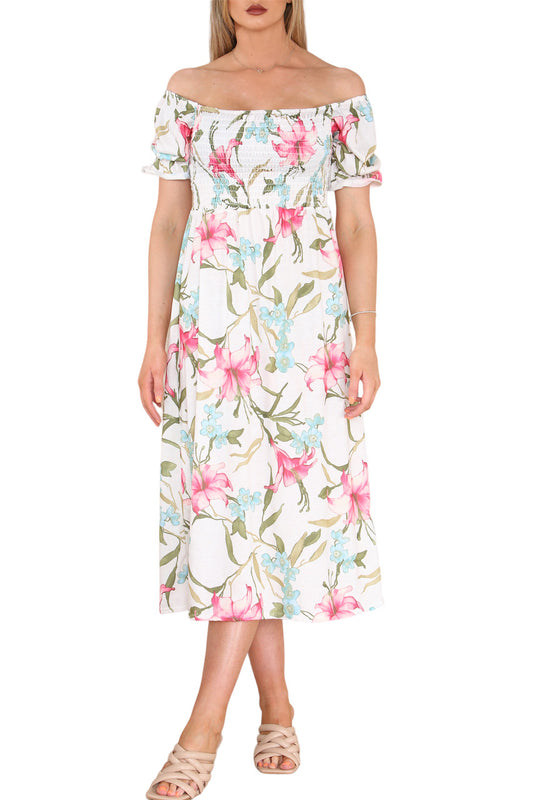 SHIRRED LILY FLORAL PRINT DRESS WHITE