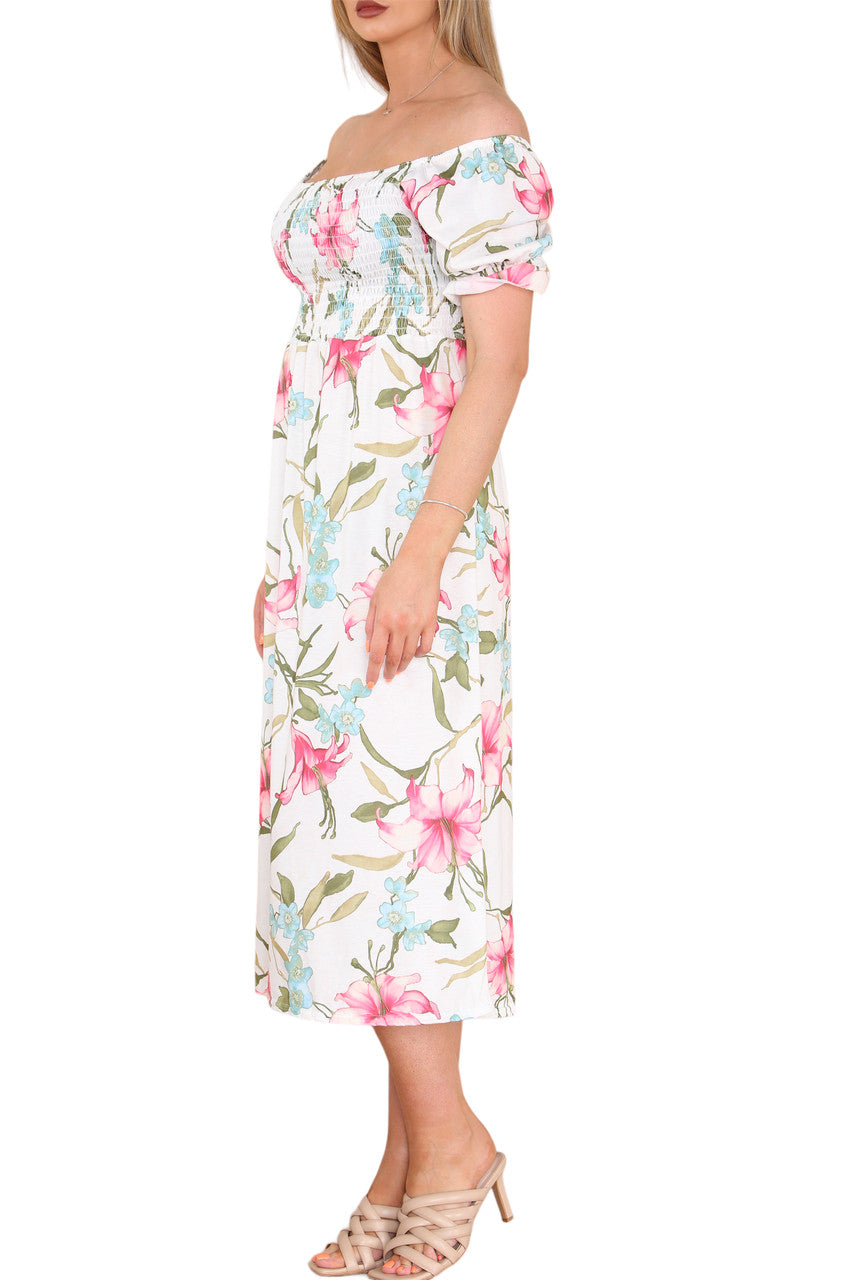 SHIRRED LILY FLORAL PRINT DRESS WHITE