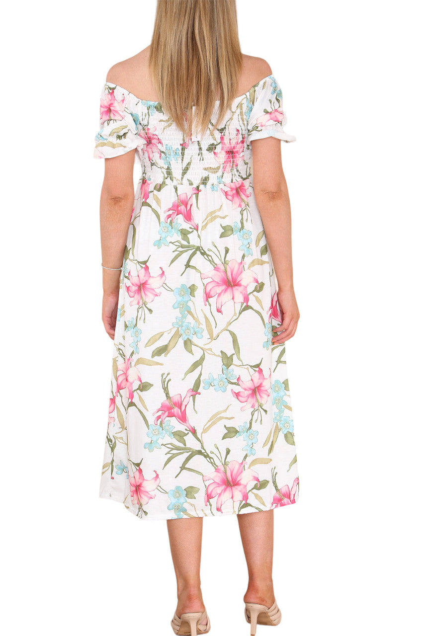 SHIRRED LILY FLORAL PRINT DRESS WHITE