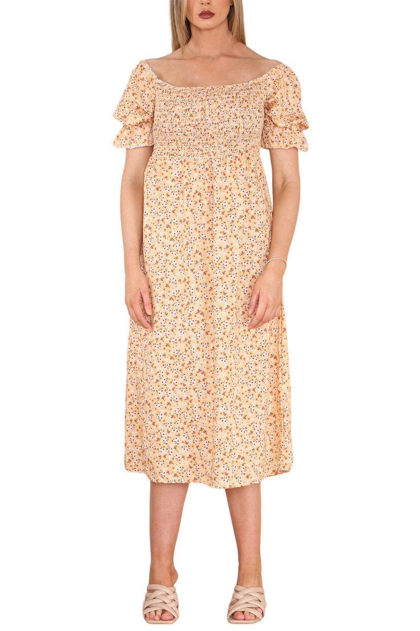 Ladies Shirred Ditsy Flowers Print Dress Yellow