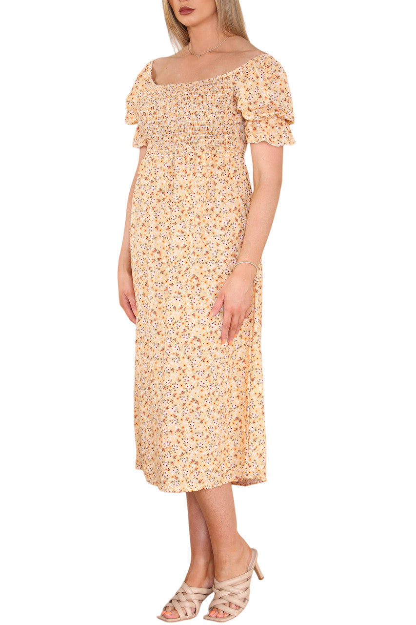 Ladies Shirred Ditsy Flowers Print Dress Yellow