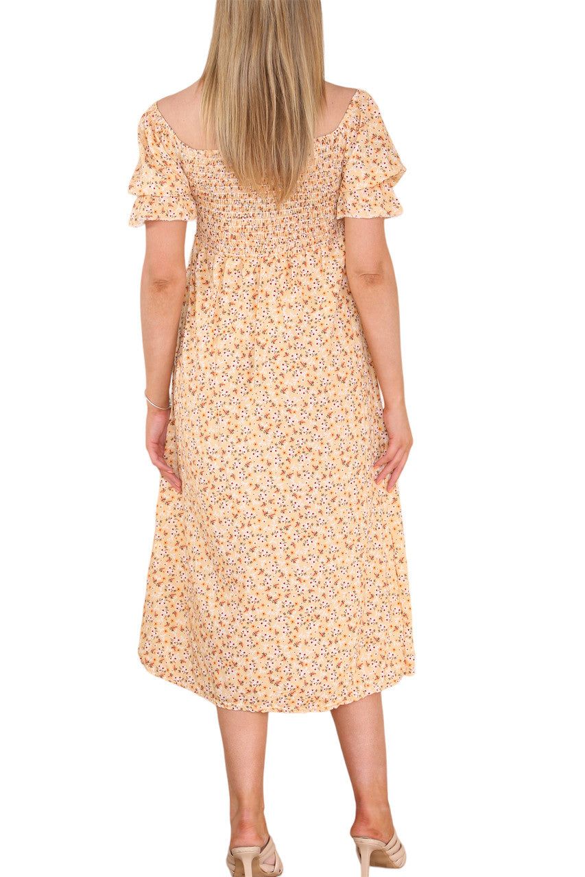 Ladies Shirred Ditsy Flowers Print Dress Yellow