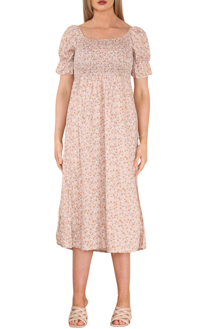 Ladies Shirred Shirred Ditsy Flowers Print Dress Stone