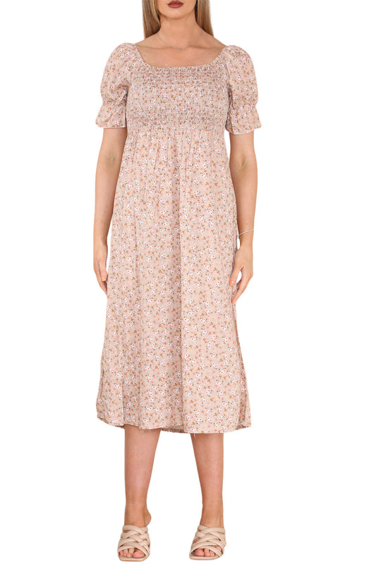 Ladies Shirred Shirred Ditsy Flowers Print Dress Stone