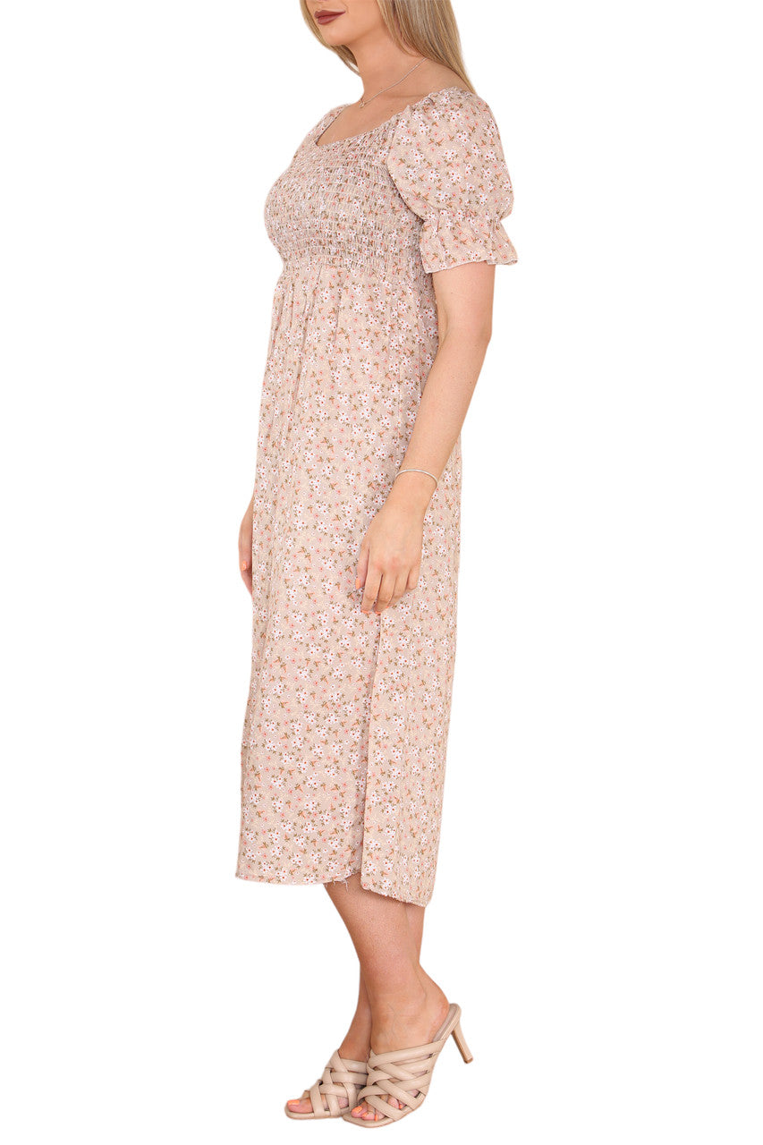 Ladies Shirred Shirred Ditsy Flowers Print Dress Stone