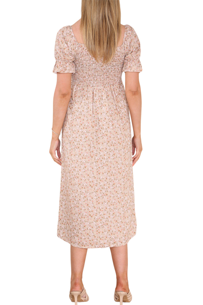 Ladies Shirred Shirred Ditsy Flowers Print Dress Stone