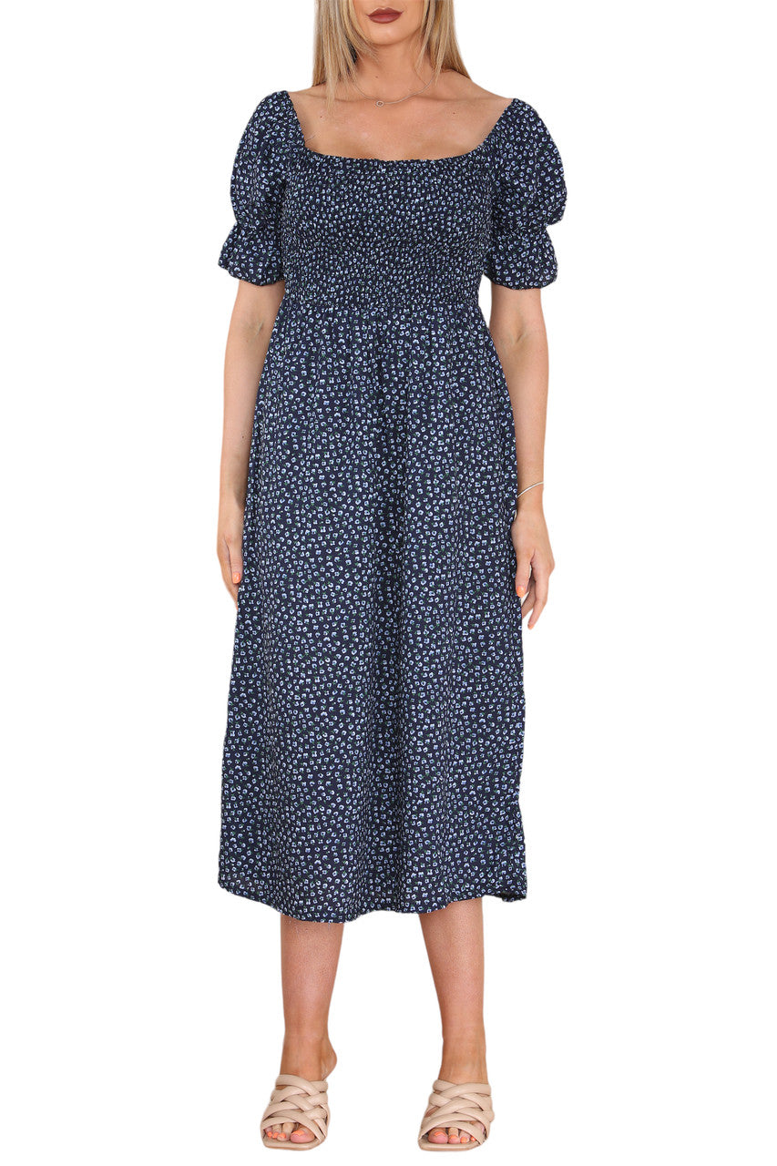 Ladies Shirred Ditsy Poppy Print Dress Navy