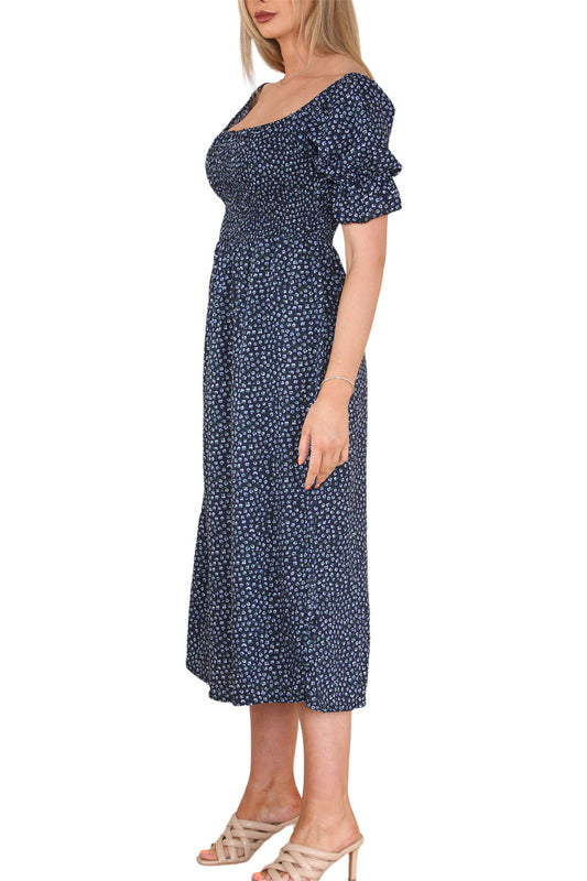 Ladies Shirred Ditsy Flowers Print Dress Yellow