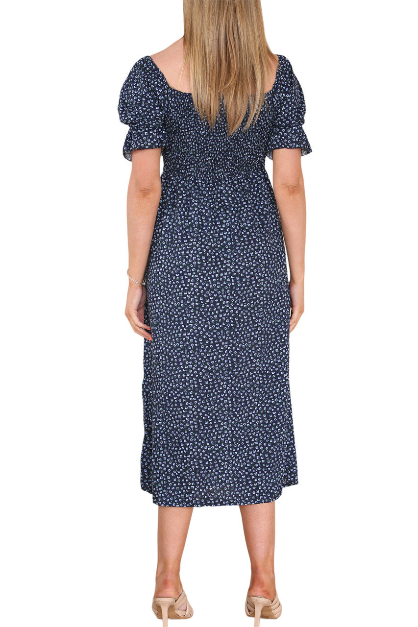 Ladies Shirred Ditsy Poppy Print Dress Navy