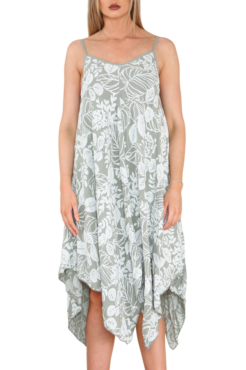 Ladies Leaves Print Strappy Dress Khaki