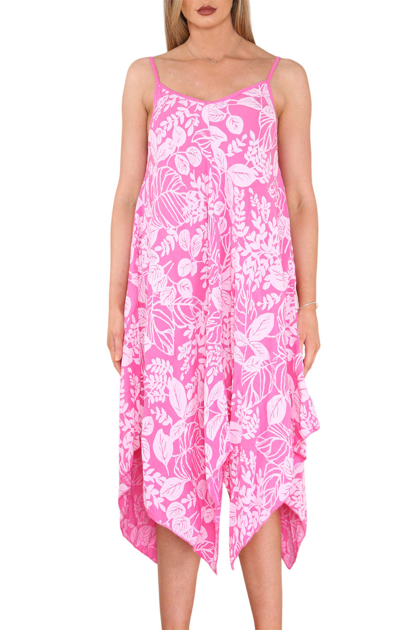Dames Jurk met Bladerenprint en Spaghettibandjes Cerise