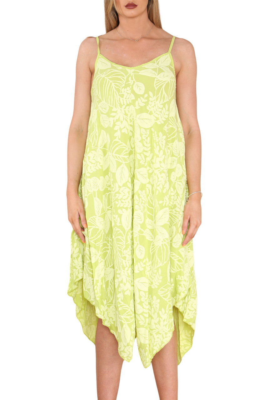 LEAVES PRINT STRAPPY DRESS LIME