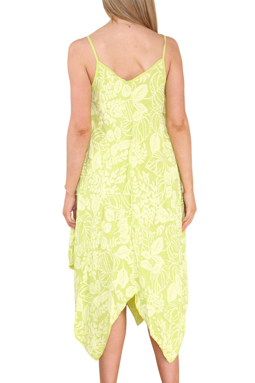 LEAVES PRINT STRAPPY DRESS LIME