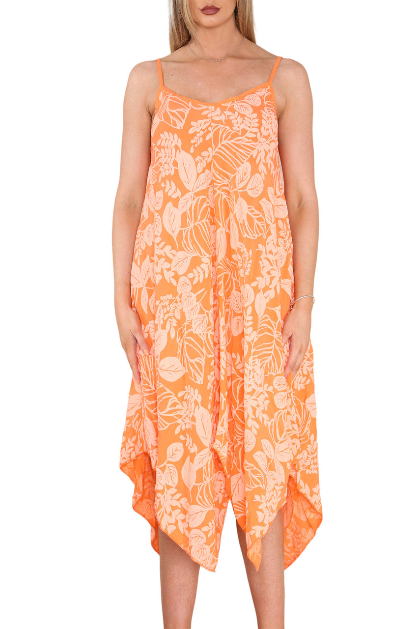 LEAVES PRINT STRAPPY DRESS ORANGE
