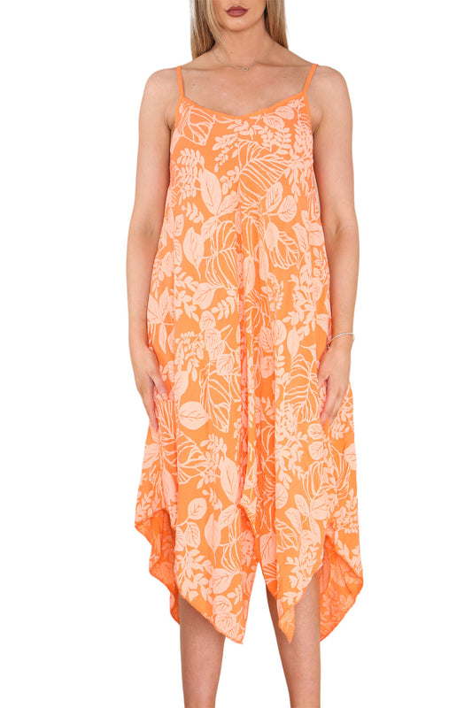 LEAVES PRINT STRAPPY DRESS ORANGE