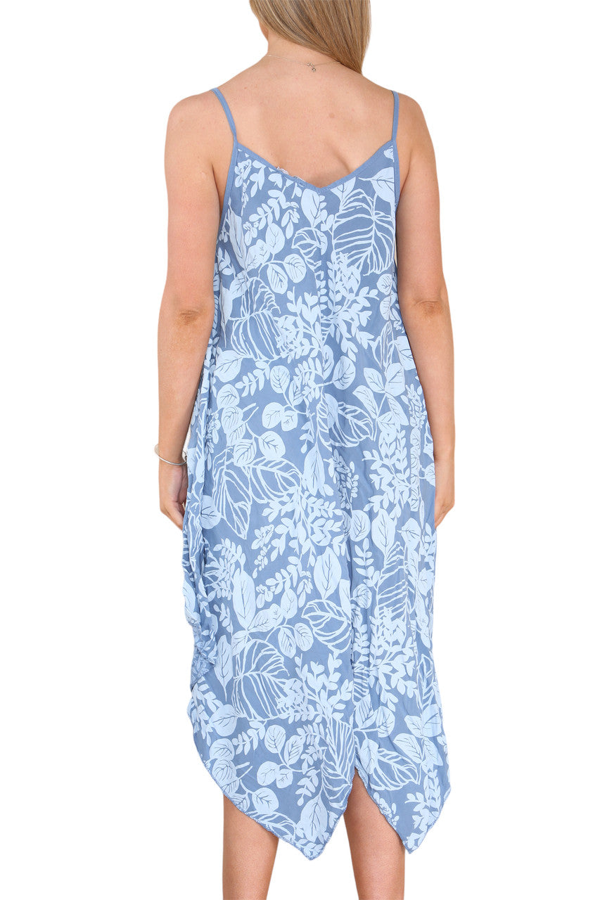 Ladies Leaves Print Strappy Dress Denim