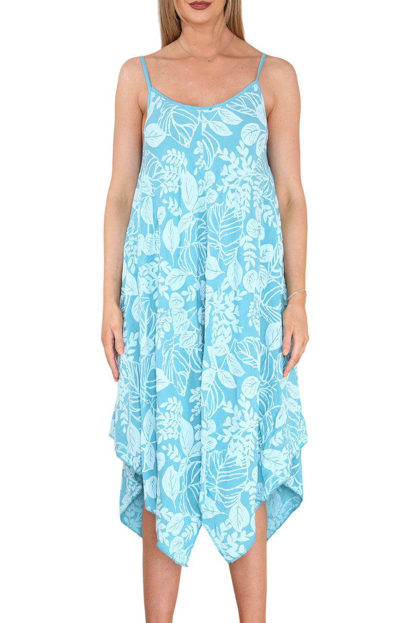 Ladies Leaves Print Strappy Dress Turquoise