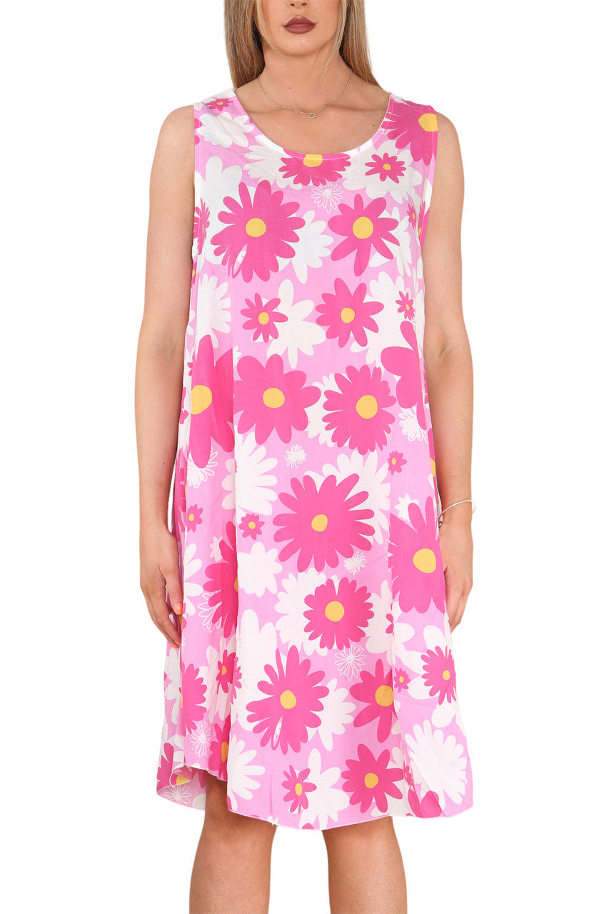 Ladies Daisy Flowers Print Sleeveless Dress Cerise