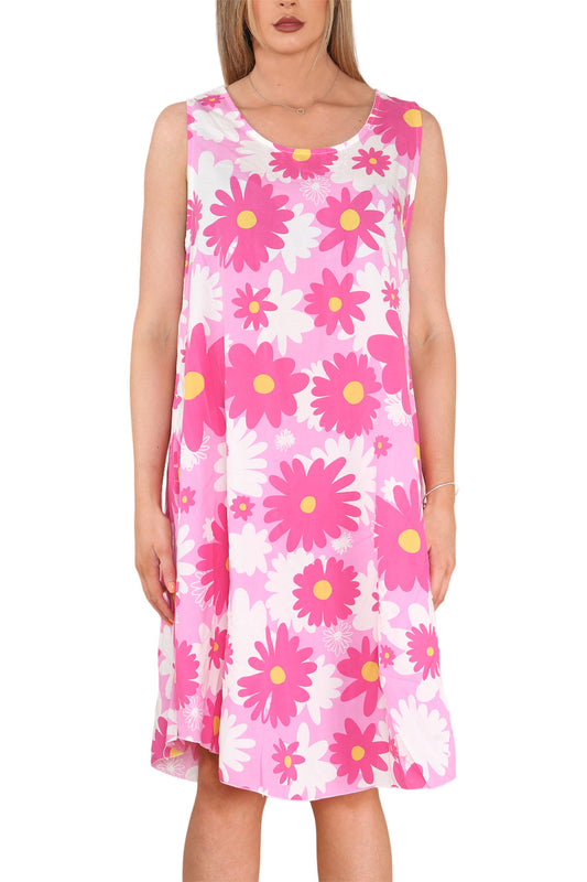 Dames Mouwloze Jurk met Madeliefjesprint Cerise