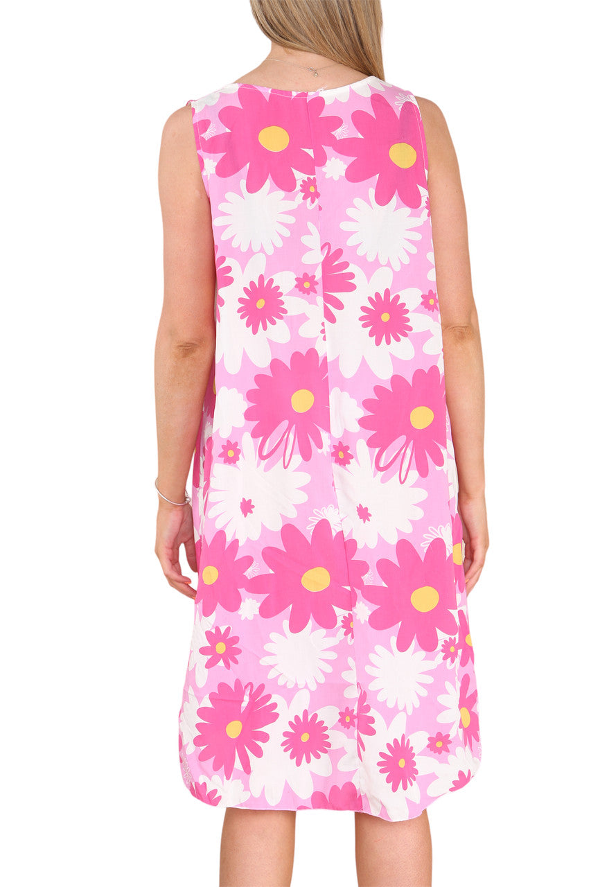 Ladies Daisy Flowers Print Sleeveless Dress Cerise
