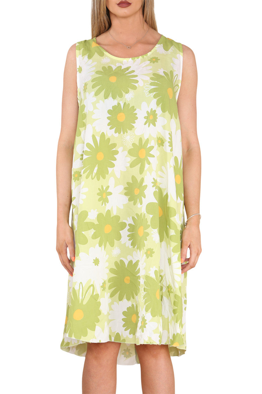 Ladies Daisy Flowers Print Sleeveless Dress Lime