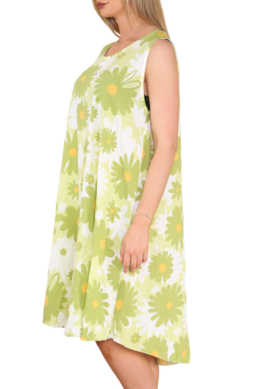 Ladies Daisy Flowers Print Sleeveless Dress Lime