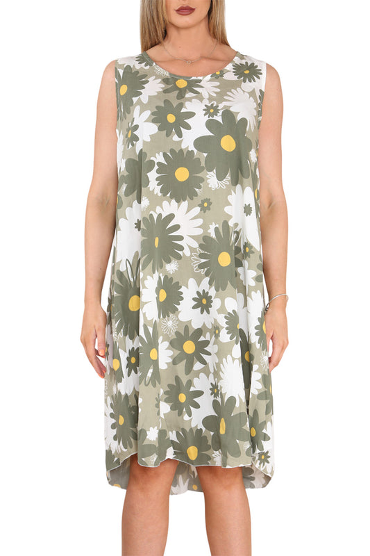 Dames mouwloze jurk met madeliefjesprint Khaki