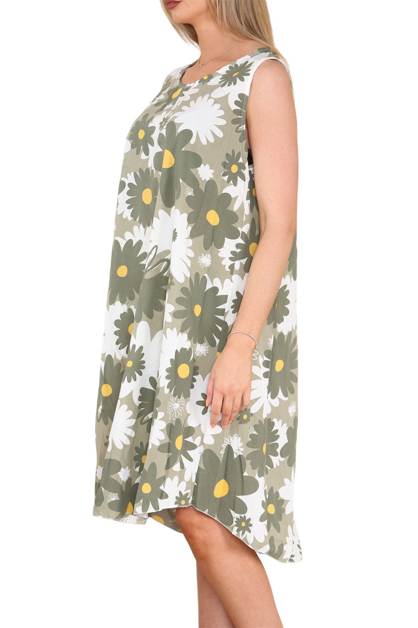 Ladies Daisy Flowers Print Sleeveless Dress Khaki