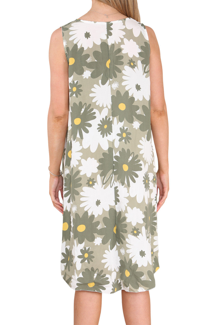 Ladies Daisy Flowers Print Sleeveless Dress Khaki