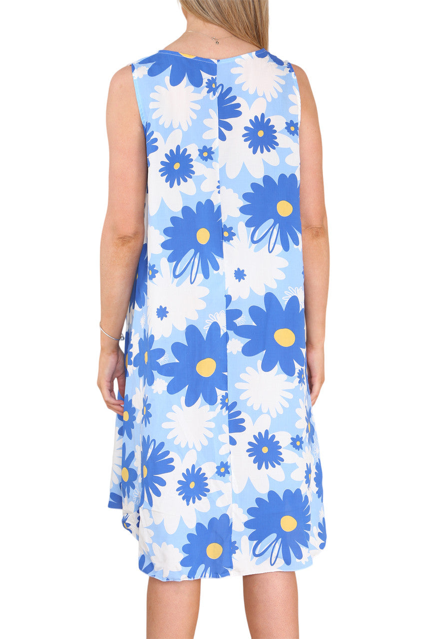 Ladies Daisy Flowers Print Sleeveless Dress Royal Blue
