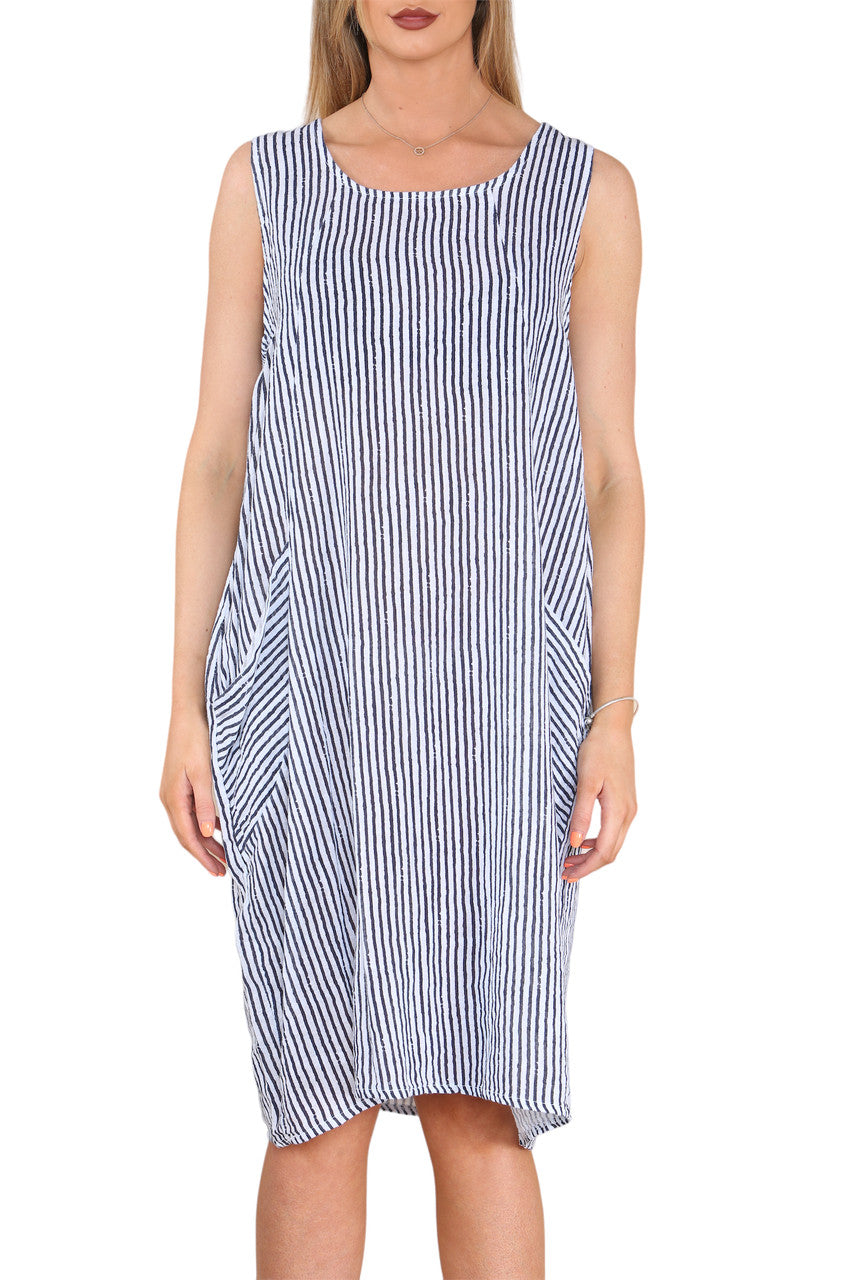Ladies Stripe Pinafore Style Sleeveless Dress White