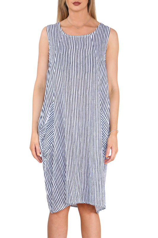 Ladies Stripe Pinafore Style Sleeveless Dress White