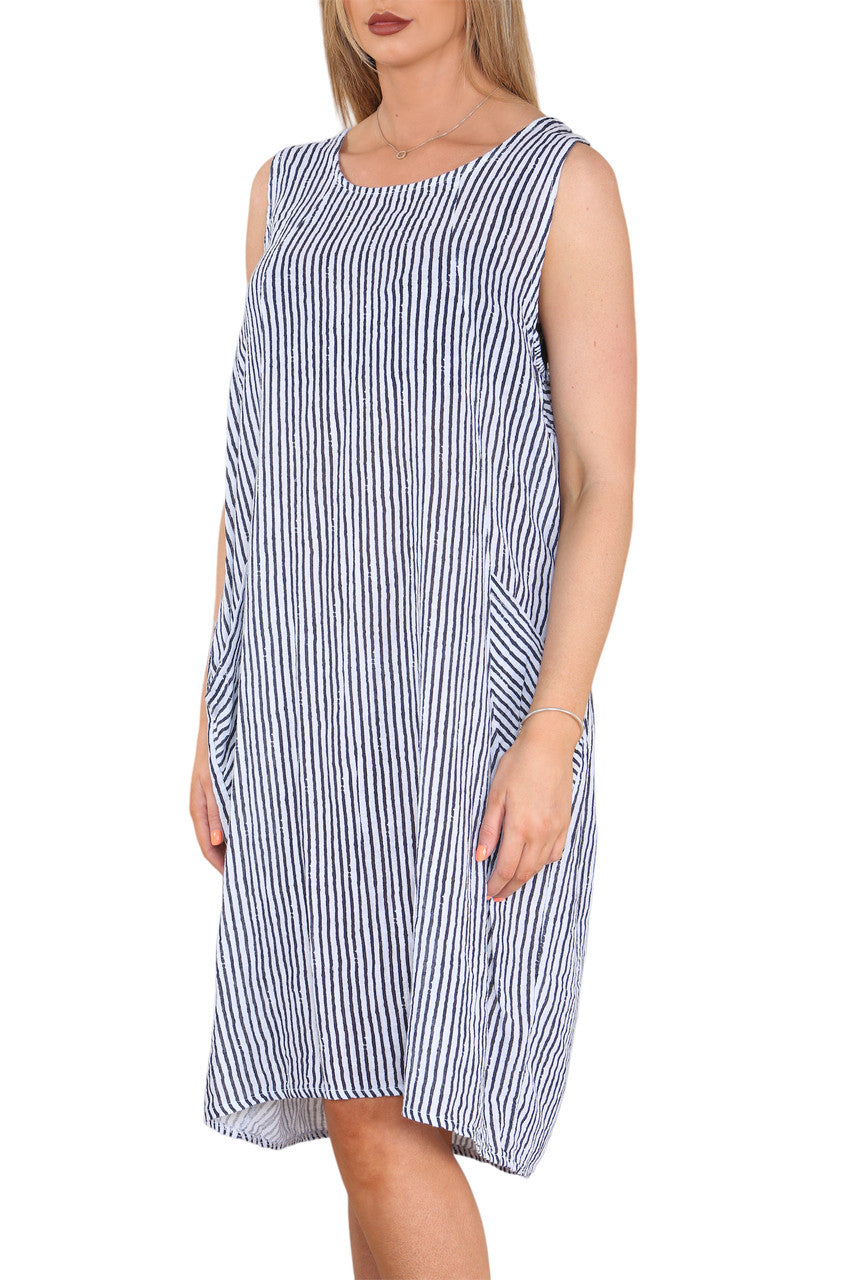 Ladies Stripe Pinafore Style Sleeveless Dress White